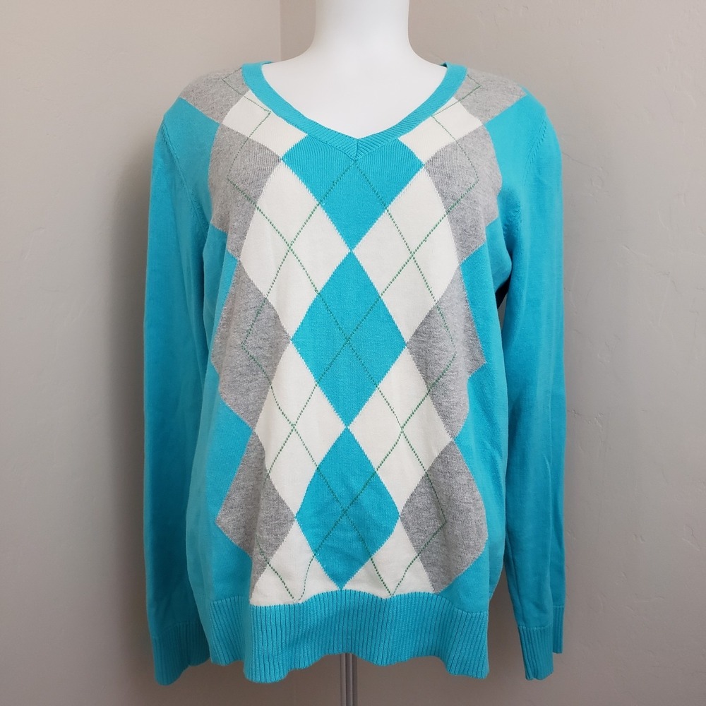 Izod Womens Gray Turquoise Blue Ivory Argyle Sweater V-Neck Long Sleeve Sz L - Picture 2 of 8